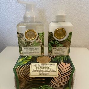 Set of 3 Michel Design Works Island Palm lotion,foaming hand soap & bar soap